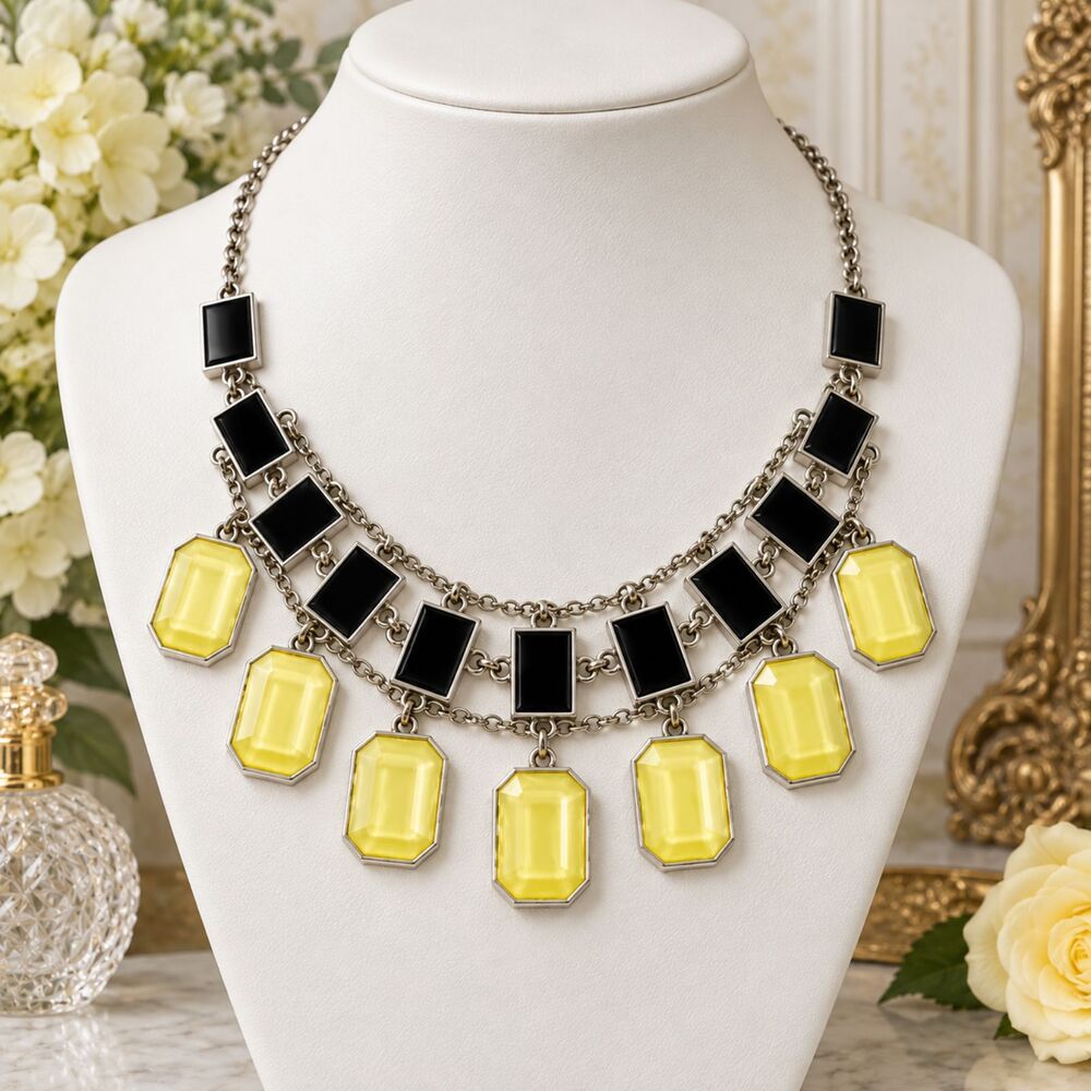 Silver Tone Black Tan Faceted Acrylic Bib Necklace